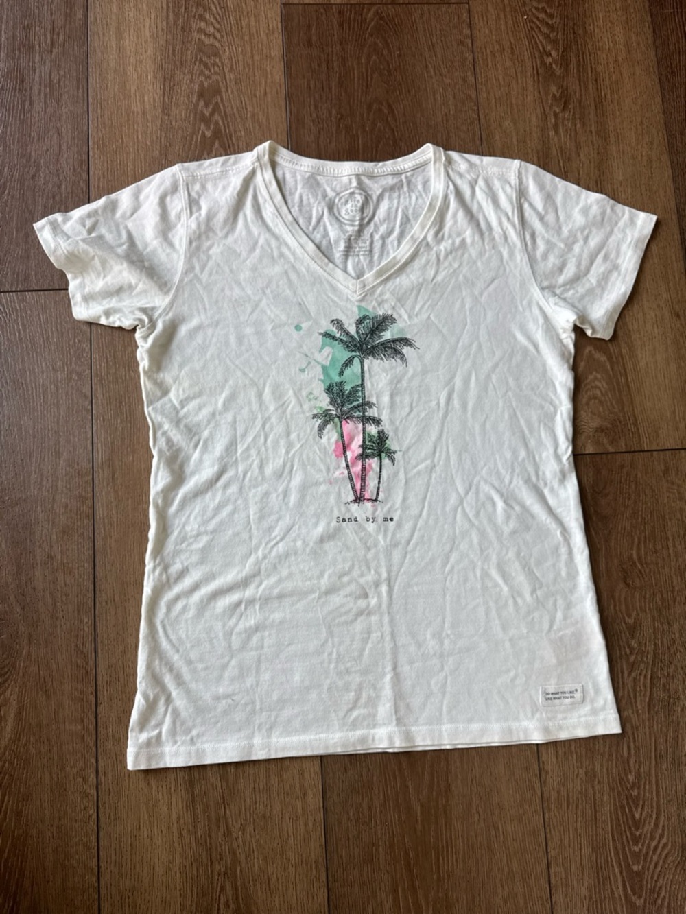 Life is Good White V-Neck Tee with Palm Tree Graphic
